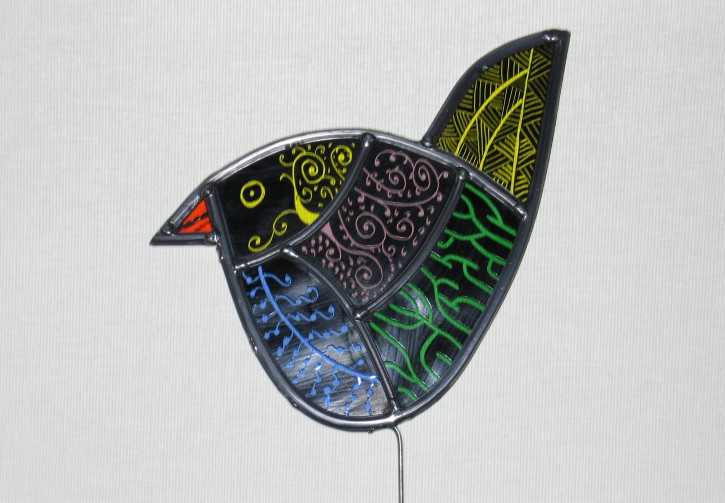Vogel en steker; gebrandschilderd en glas in lood